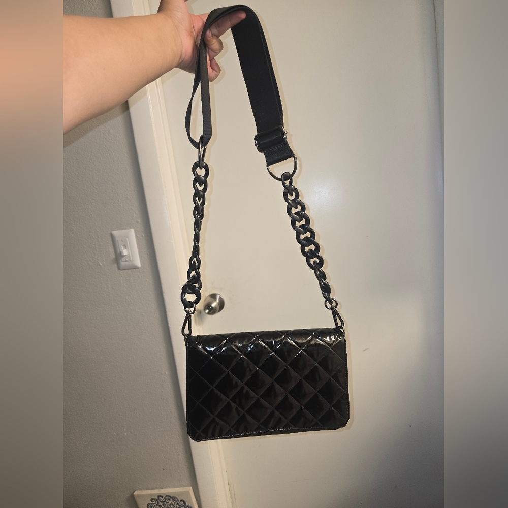 HAUTE SHORE Black Quilted Patent Crossbody Shoulder Bag